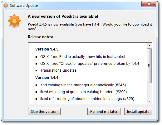 Dialog showing that an update is available.